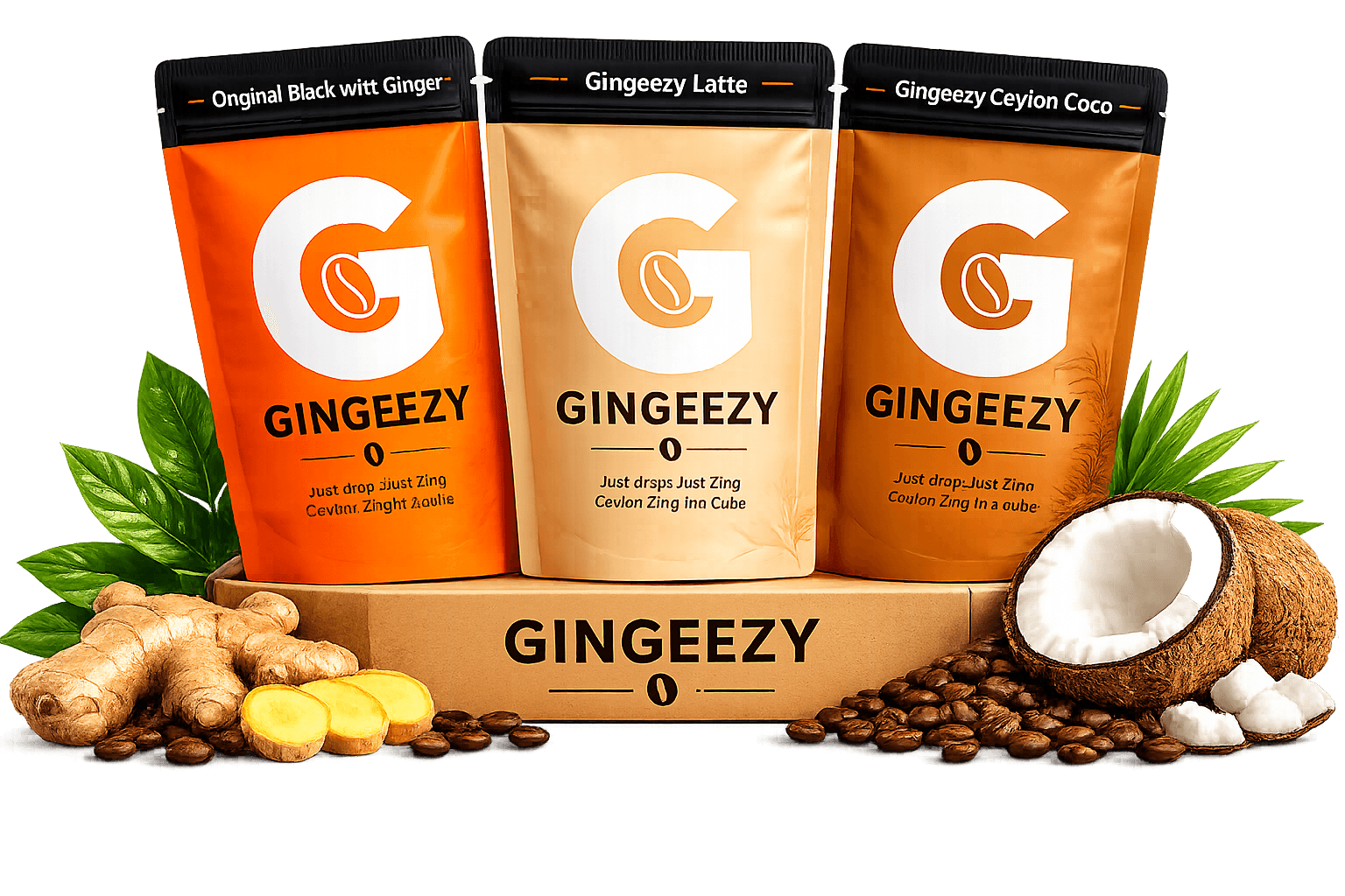 GINGEEZY Original Black with Ginger, Latte, and Ceylon Coco — three flavours with ginger, coffee, and coconut