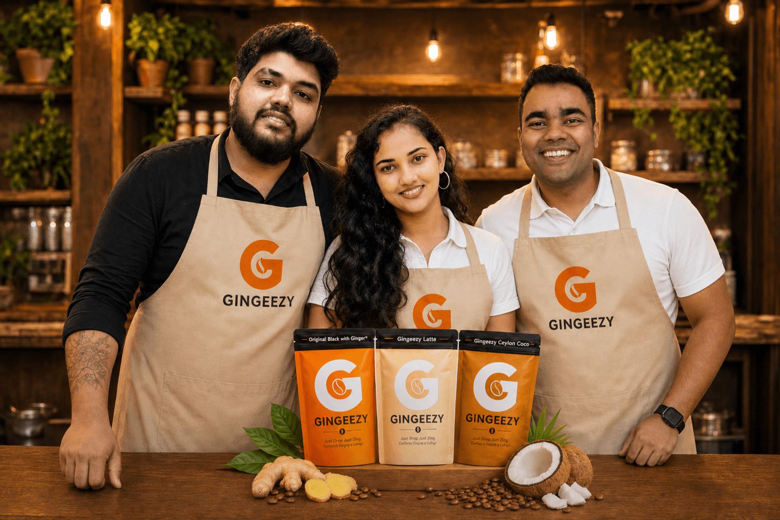 The GINGEEZY team with products and ingredients