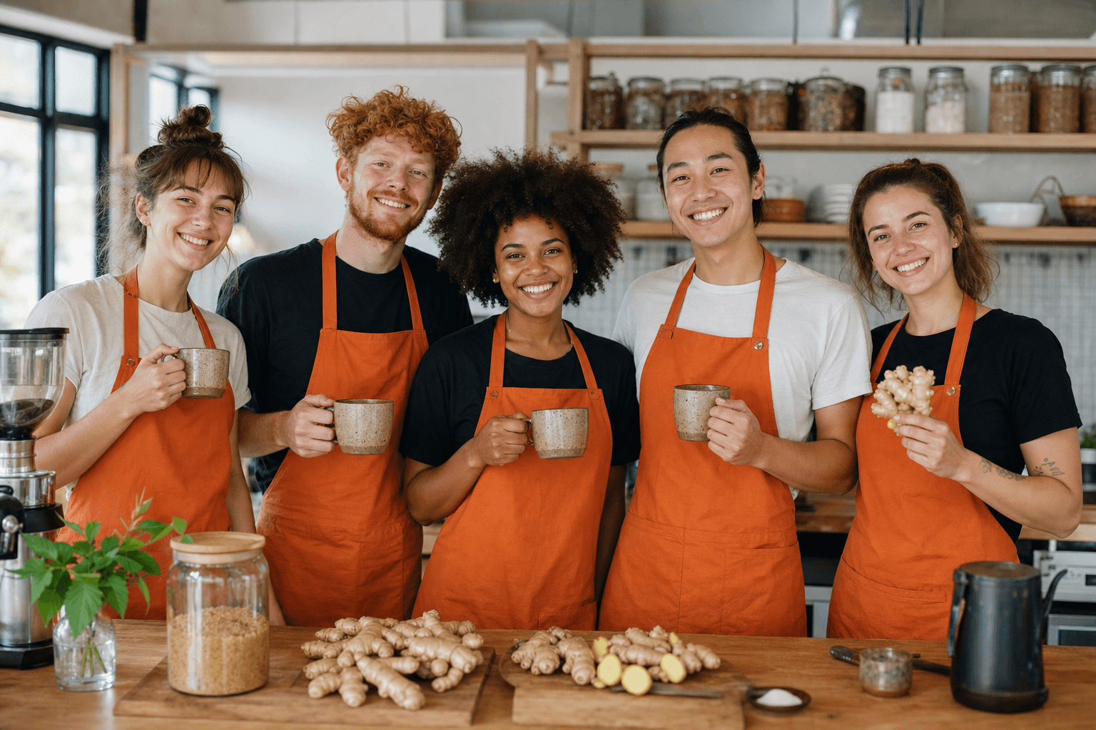 GINGEEZY team wearing aprons in the kitchen