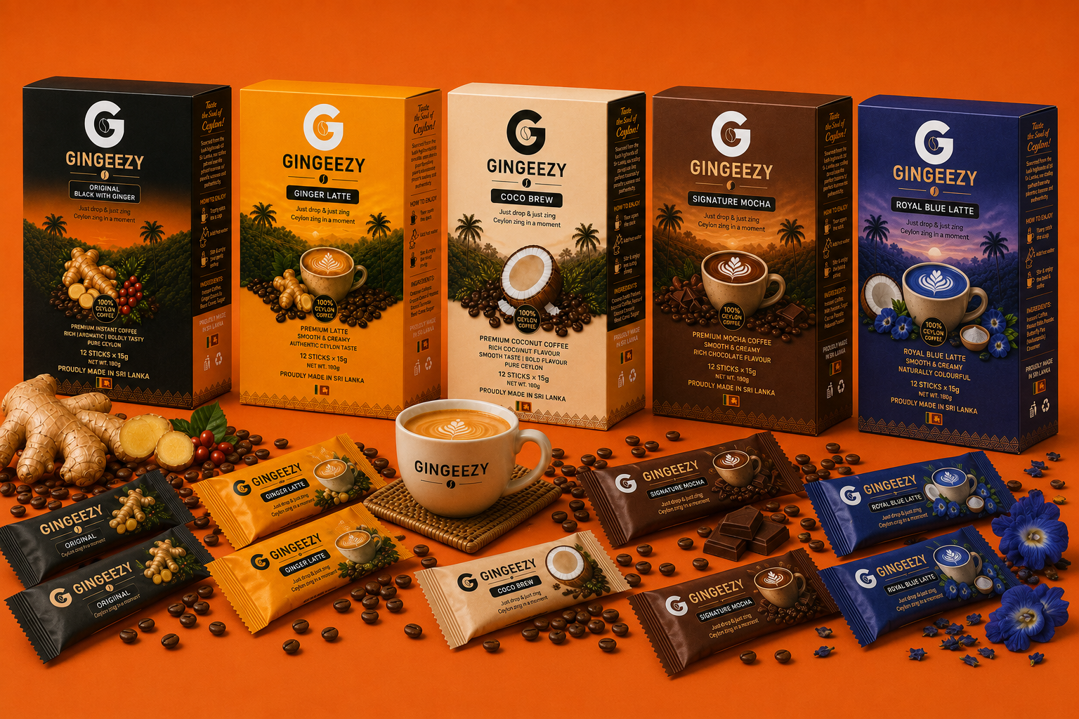 GINGEEZY Original Black with Ginger, Ginger Latte, Coco Brew, Signature Mocha and Royal Blue Latte boxes with coffee sticks, ginger, and a cup of coffee